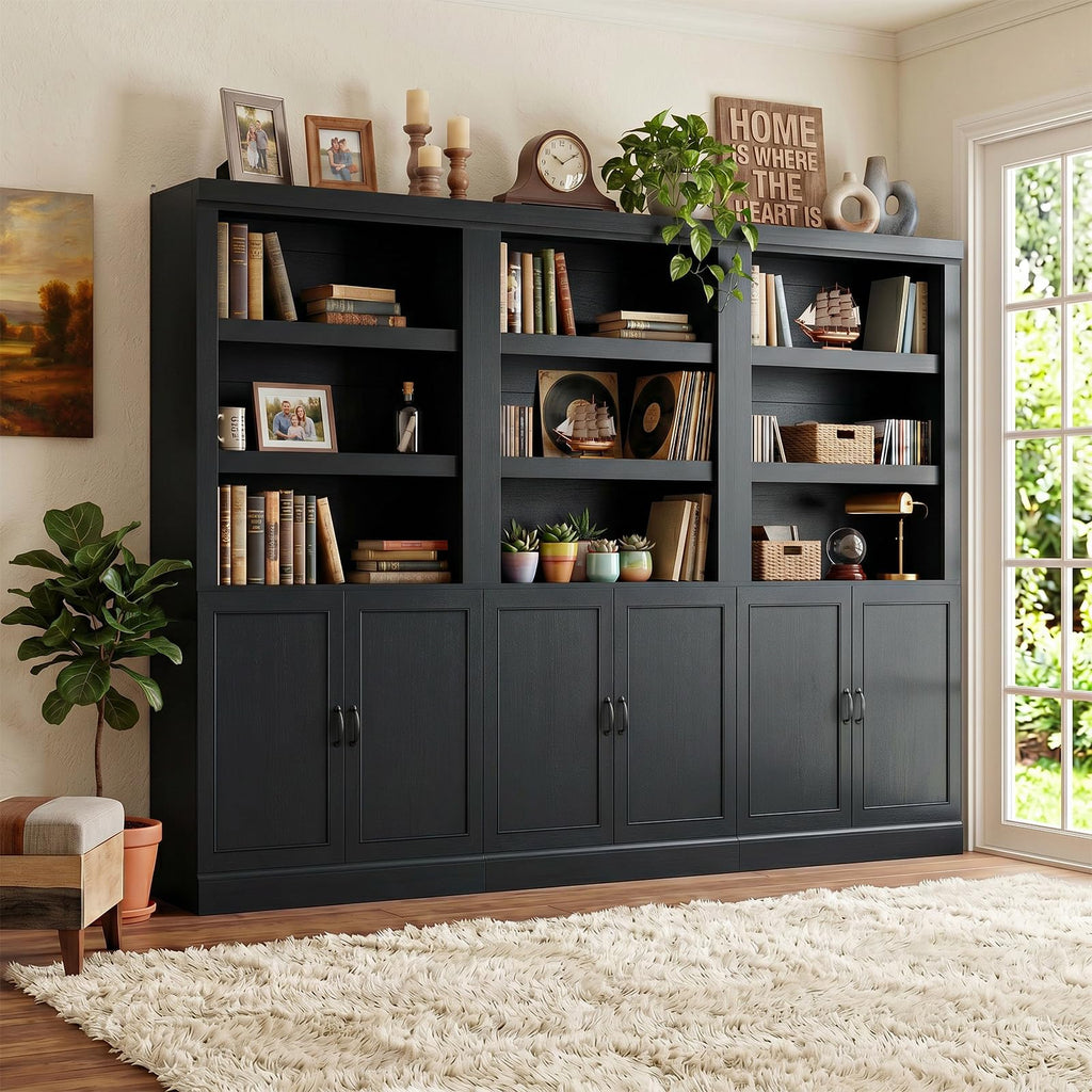 71" Tall Black Bookshelf with Doors and Adjustable Shelves H71513