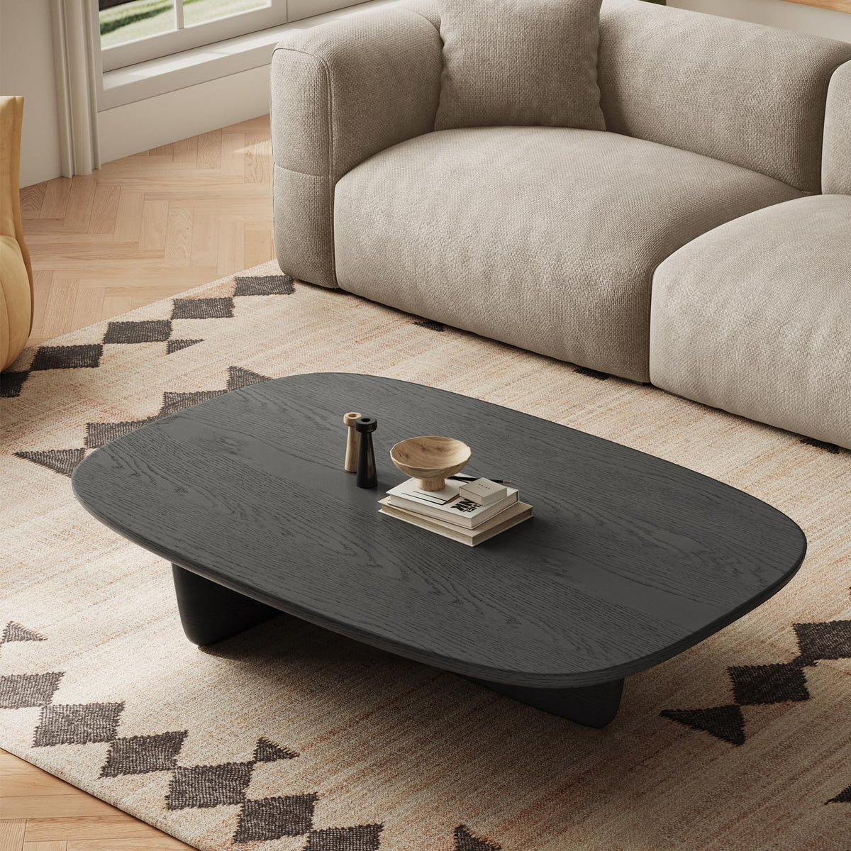 Black Wood Oval Coffee Table with Pedestal Base N484