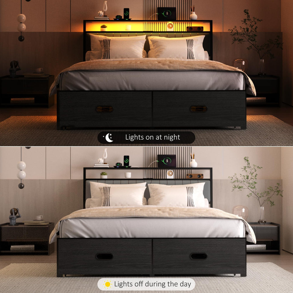 Full Bed Frame with 2 Drawers, LED Lights and Charging Station L20225