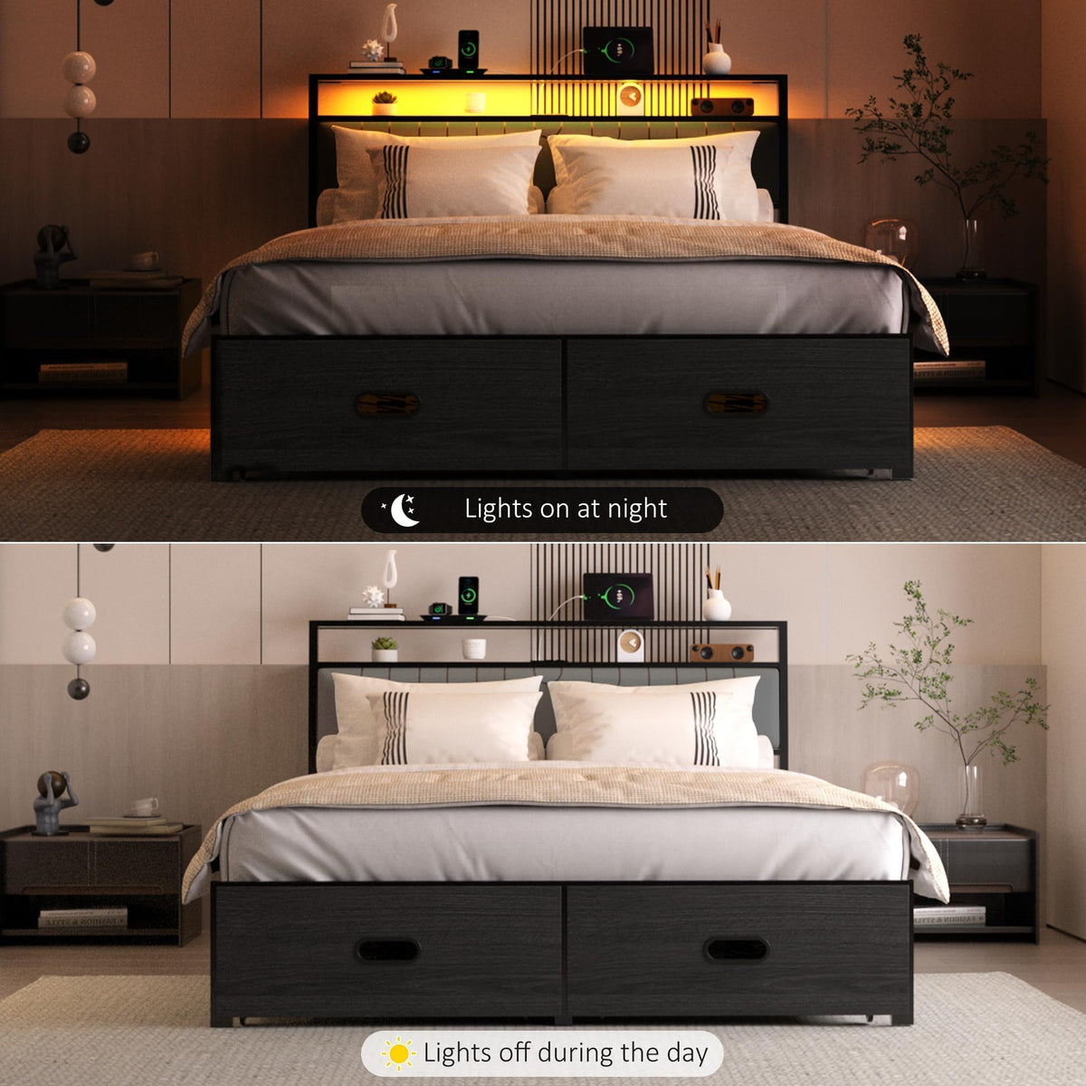 Full Bed Frame with 2 Drawers, LED Lights and Charging Station L20225