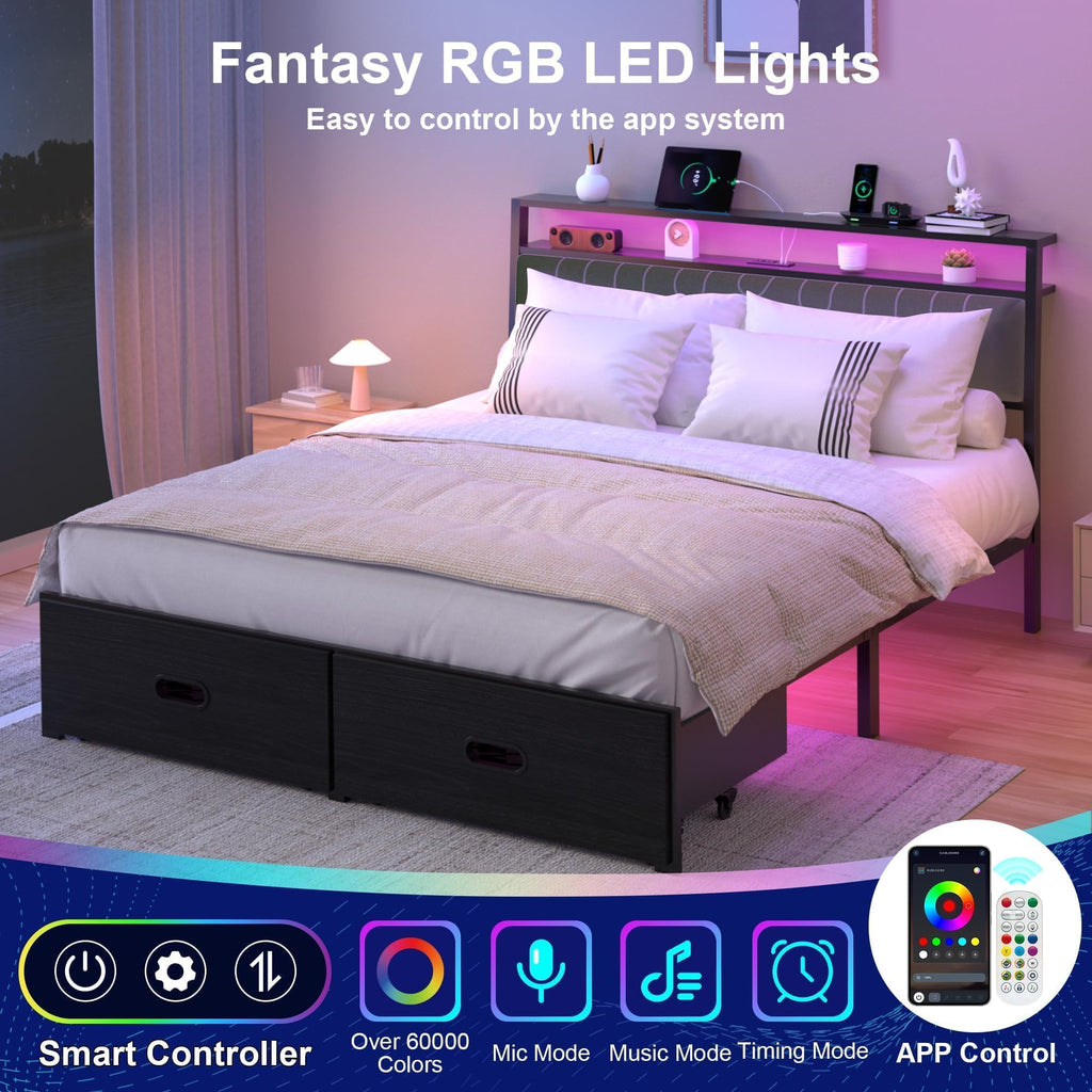 Full Bed Frame with 2 Drawers, LED Lights and Charging Station L20225