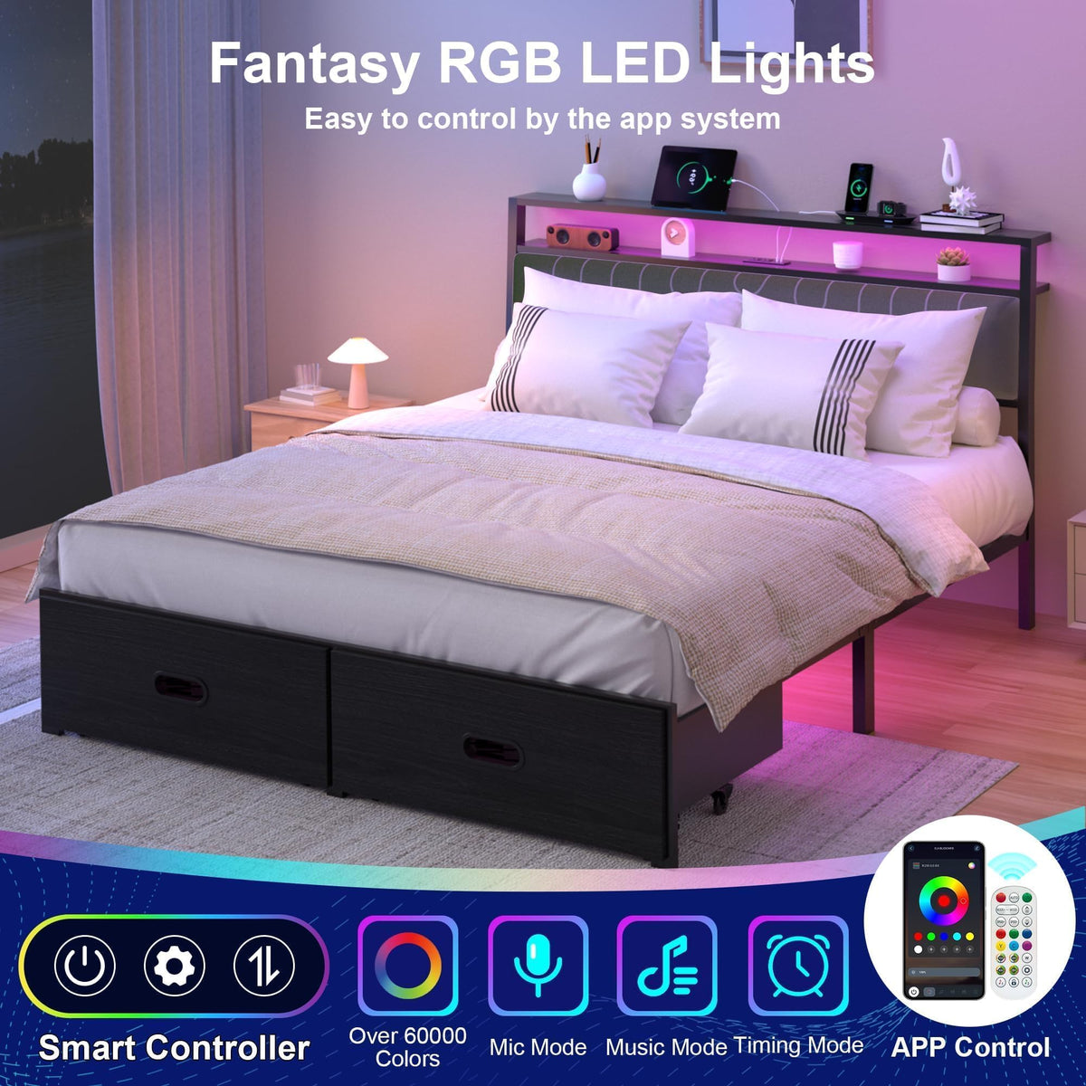 Full Bed Frame with 2 Drawers, LED Lights and Charging Station L20225