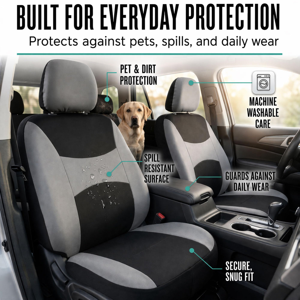 Gray Black Universal Fit Automotive Seat Covers Combo Set with Steering Wheel Cover and Seat Belt Pad I696