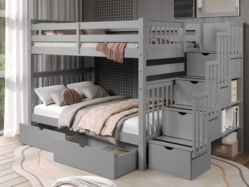Full Over Full Gray Bunk Beds with Drawers A212477