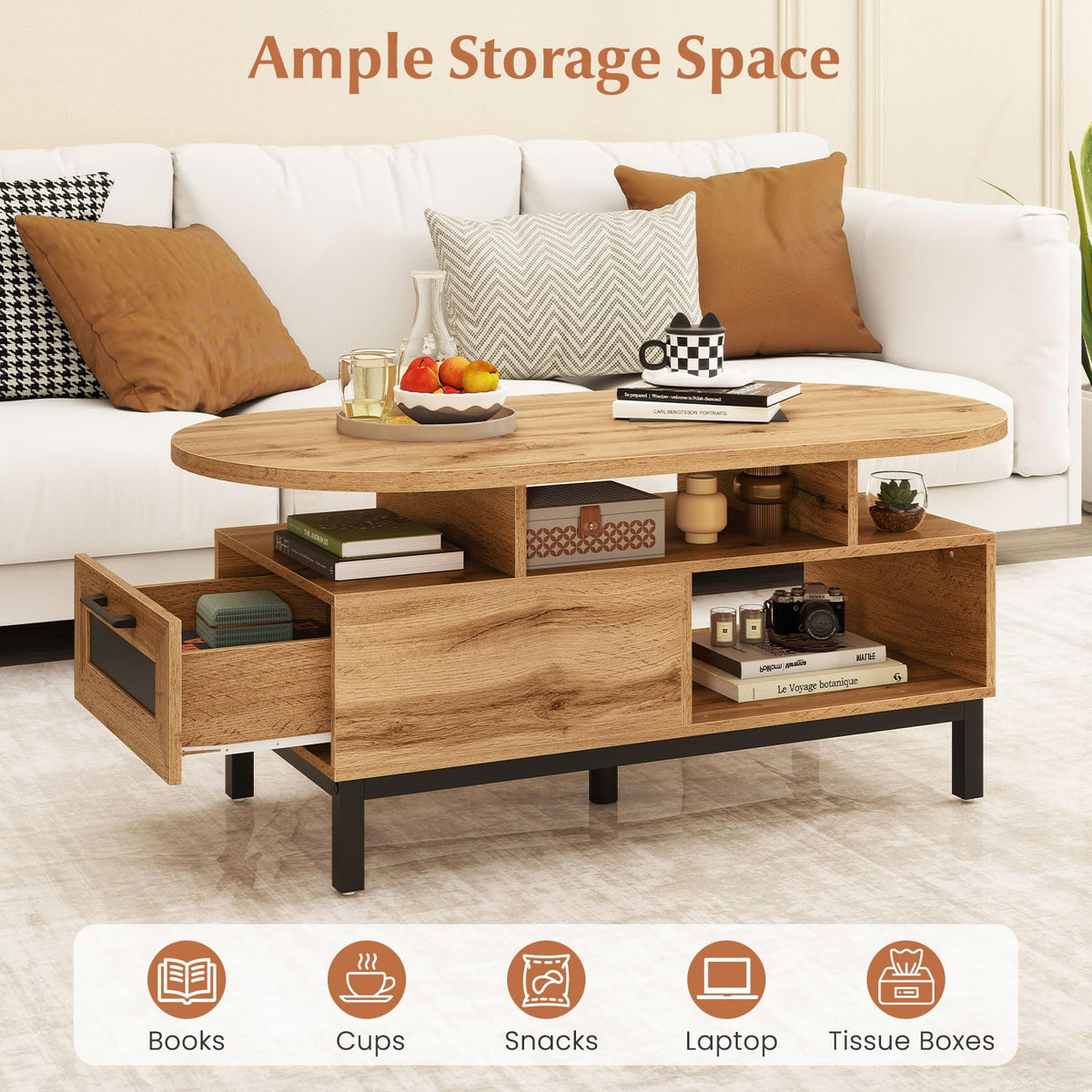 47" Oval Wood Coffee Table with Storage Z149296