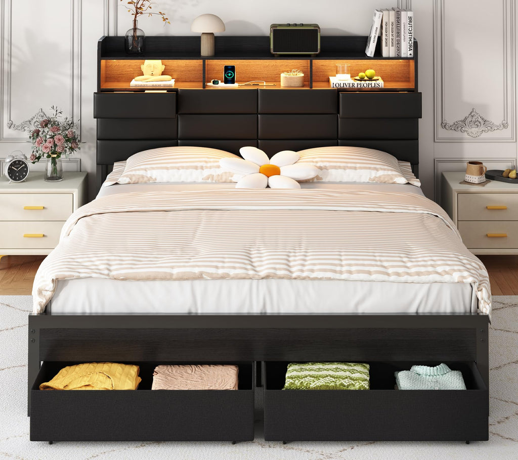 Black Upholstered Bed Frame with Storage Headboard, 4 Drawers, LED Lights, and Charging Station G4857