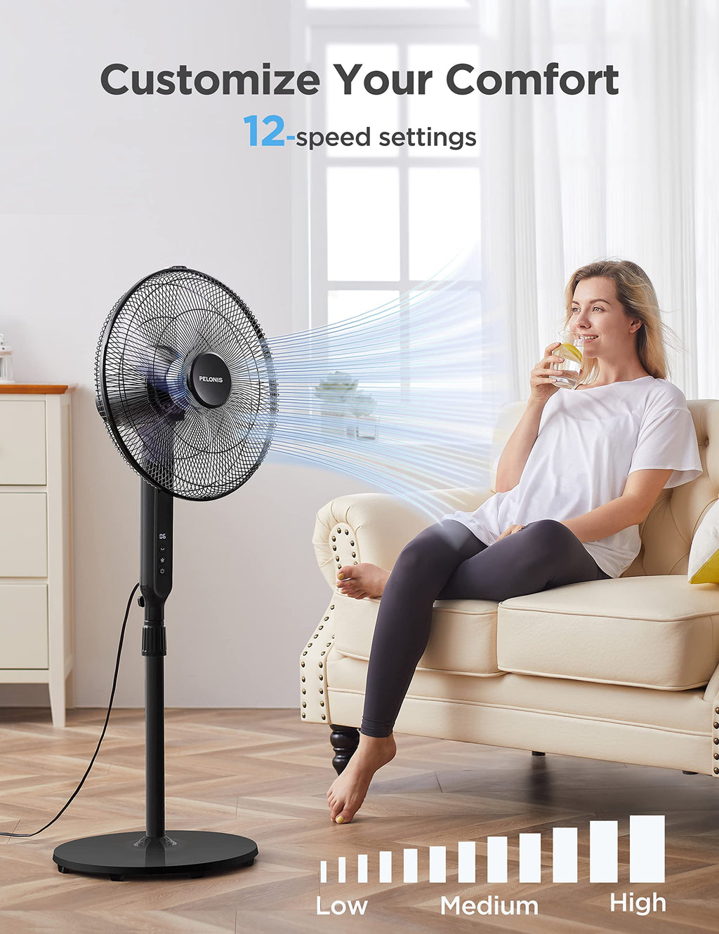 16" Oscillating Pedestal Stand Up Fan, Adjustable Height, Ultra Quiet DC Motor, Remote Control, 12 Speed, Black L287387