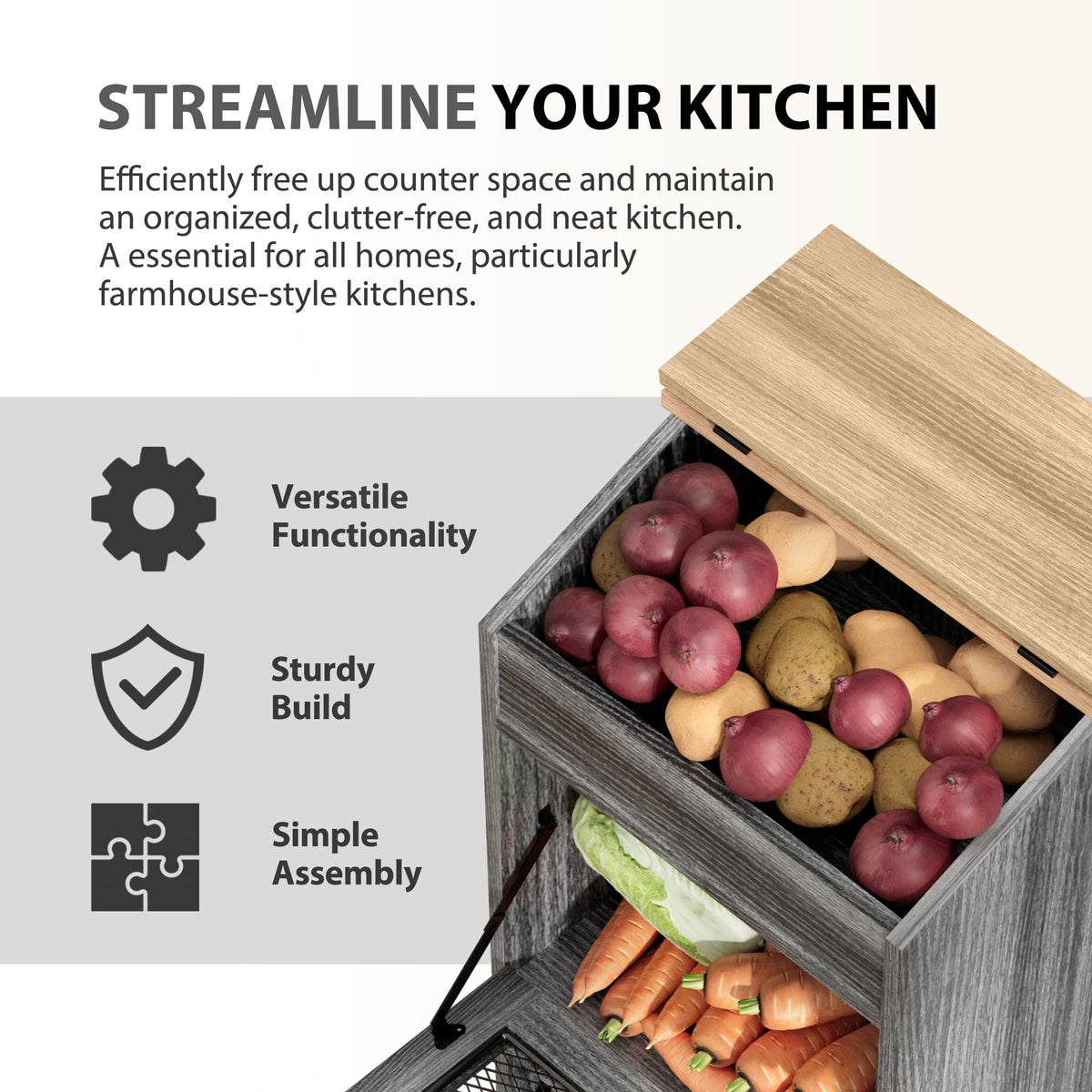 Wooden Potato and Onion Storage Bin with Lid D64423
