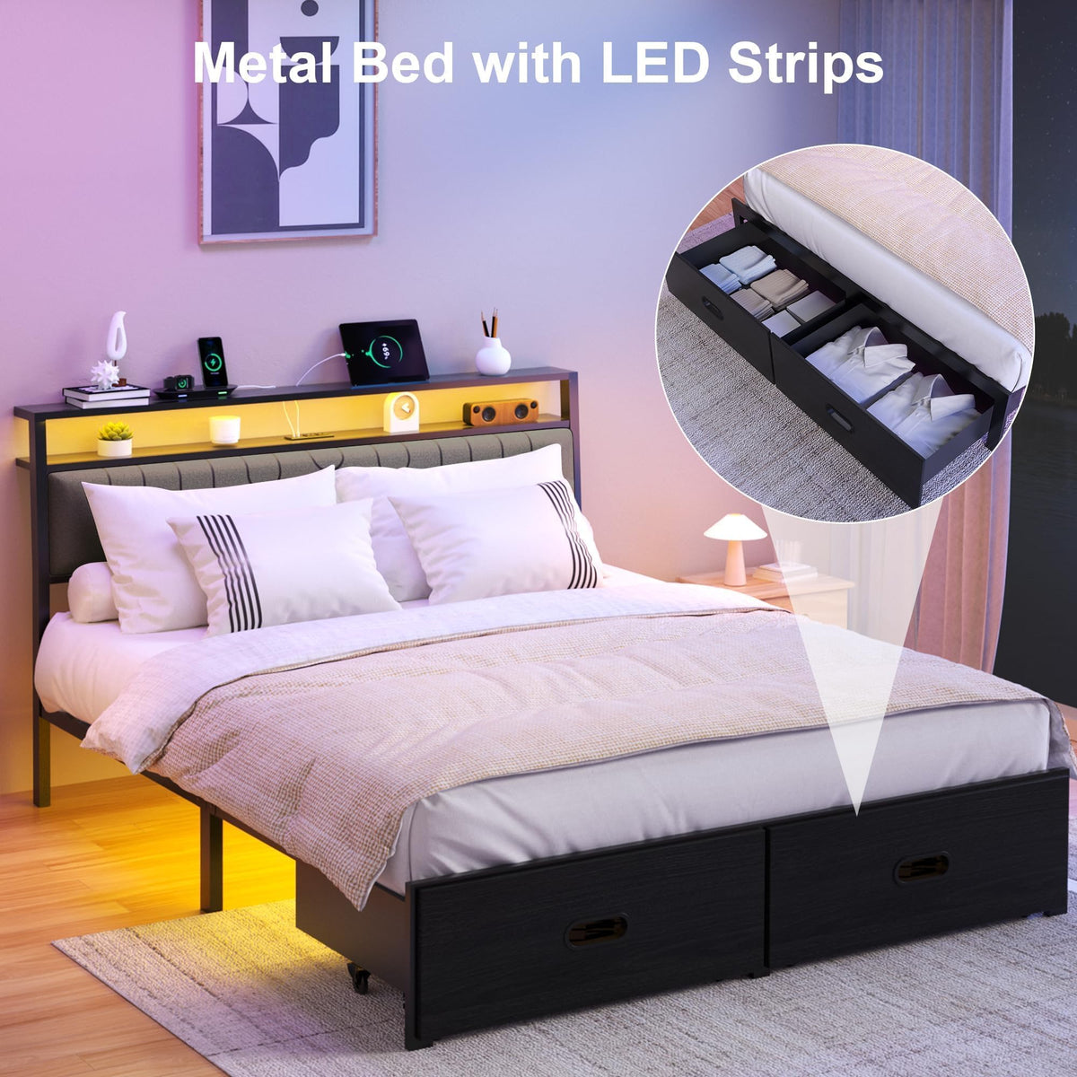 Full Bed Frame with 2 Drawers, LED Lights and Charging Station L20225