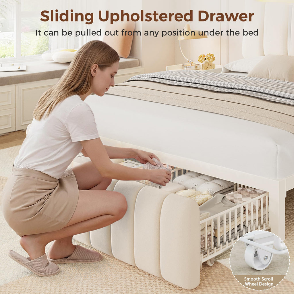 White Upholstered Storage Bed Frame Full Size with Drawers and Charging Station D3648