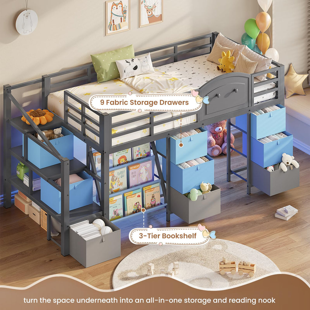 Twin Size Low Loft Bed with 9 Storage Drawers and Staircase H6528