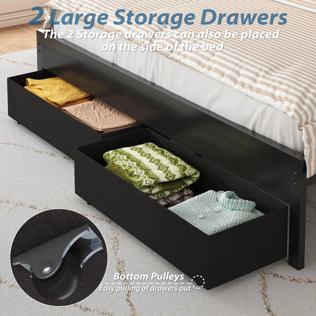 Black Upholstered Bed Frame with Storage Headboard, 4 Drawers, LED Lights, and Charging Station G4857