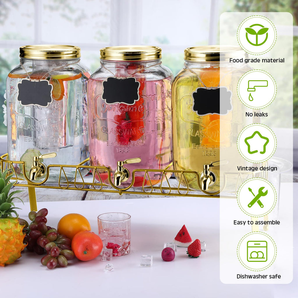 3 Pcs 2 Gallon Glass Drink Dispenser with Stand and Lid O45817