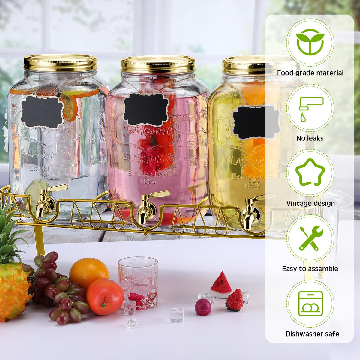 3 Pcs 2 Gallon Glass Drink Dispenser with Stand and Lid O45817