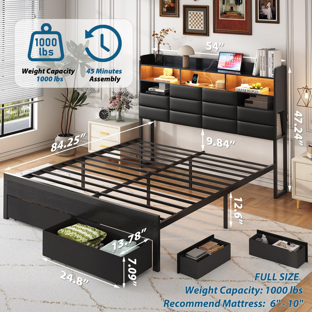 Black Upholstered Bed Frame with Storage Headboard, 4 Drawers, LED Lights, and Charging Station G4857