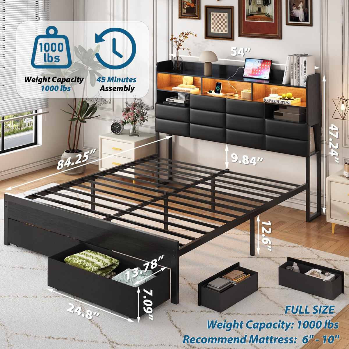 Black Upholstered Bed Frame with Storage Headboard, 4 Drawers, LED Lights, and Charging Station G4857