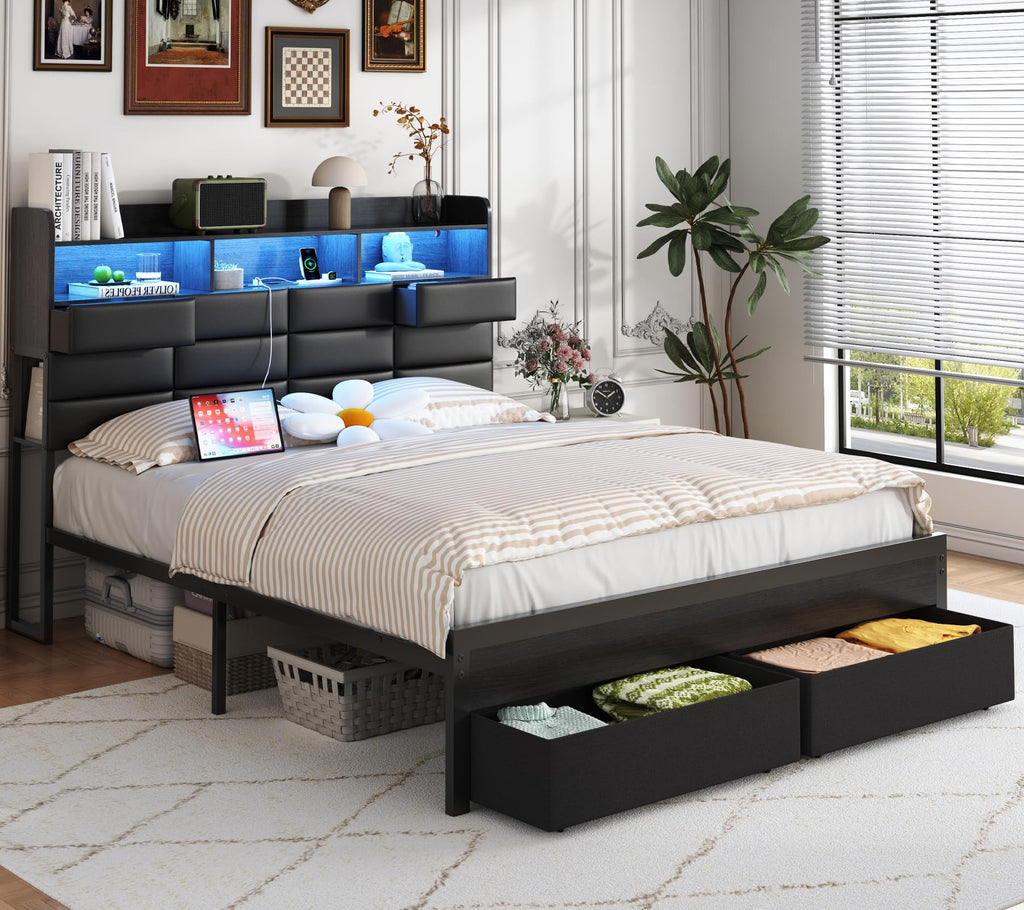 Black Upholstered Bed Frame with Storage Headboard, 4 Drawers, LED Lights, and Charging Station G4857