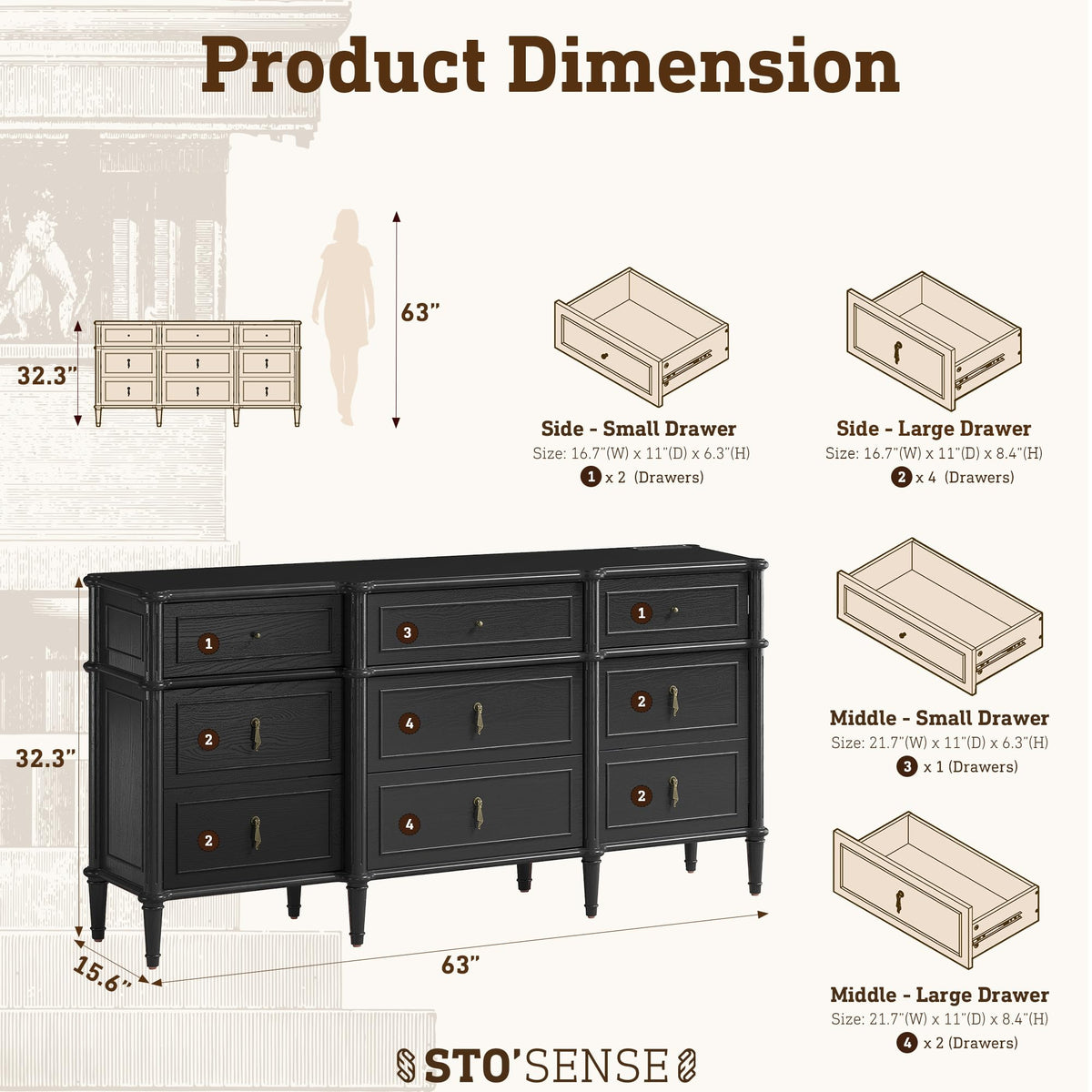 Black 9 Drawer Wood Dresser Q5114