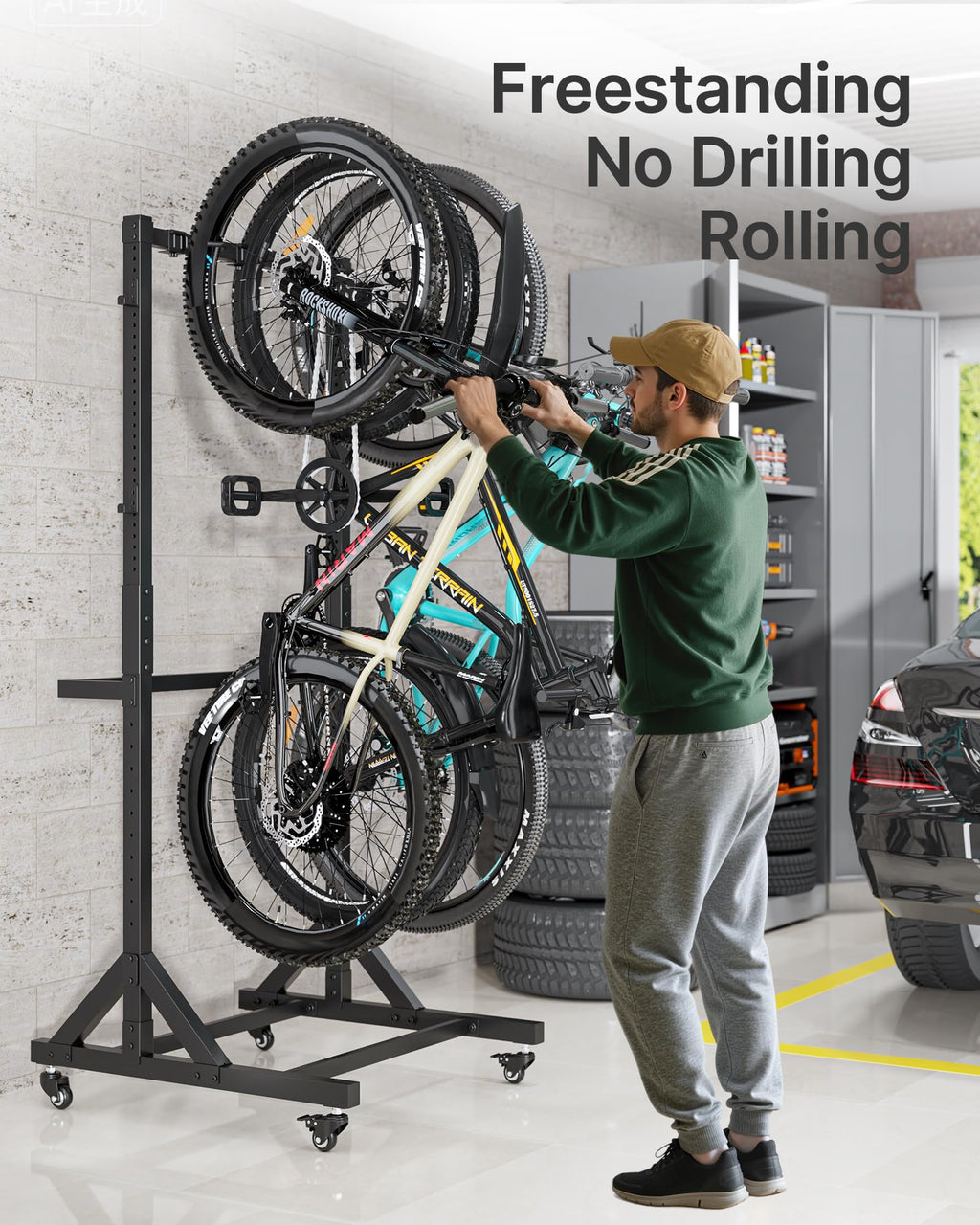 Freestanding Bike Storage Rack with Wheels for 3 Bikes W727306