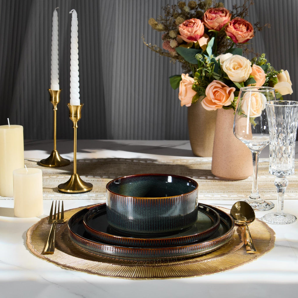 12-Piece Plates and Bowls Set and 35oz Pasta Bowls Set of 4, Stoneware Dinnerware Set for 4, Blackish Green U71808