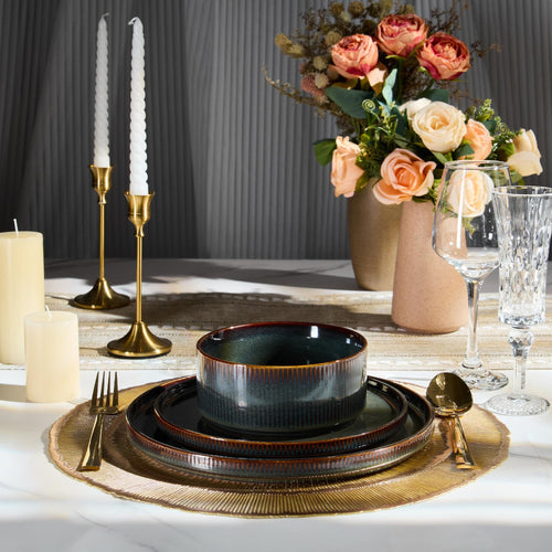12-Piece Plates and Bowls Set and 35oz Pasta Bowls Set of 4, Stoneware Dinnerware Set for 4, Blackish Green U71808