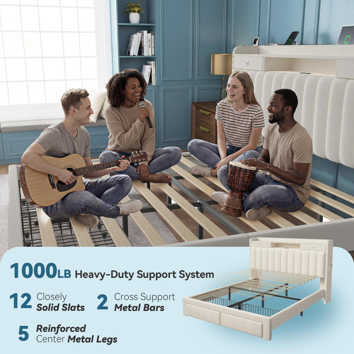 Queen Bed Frame with Storage Headboard & 4 Drawers W10285