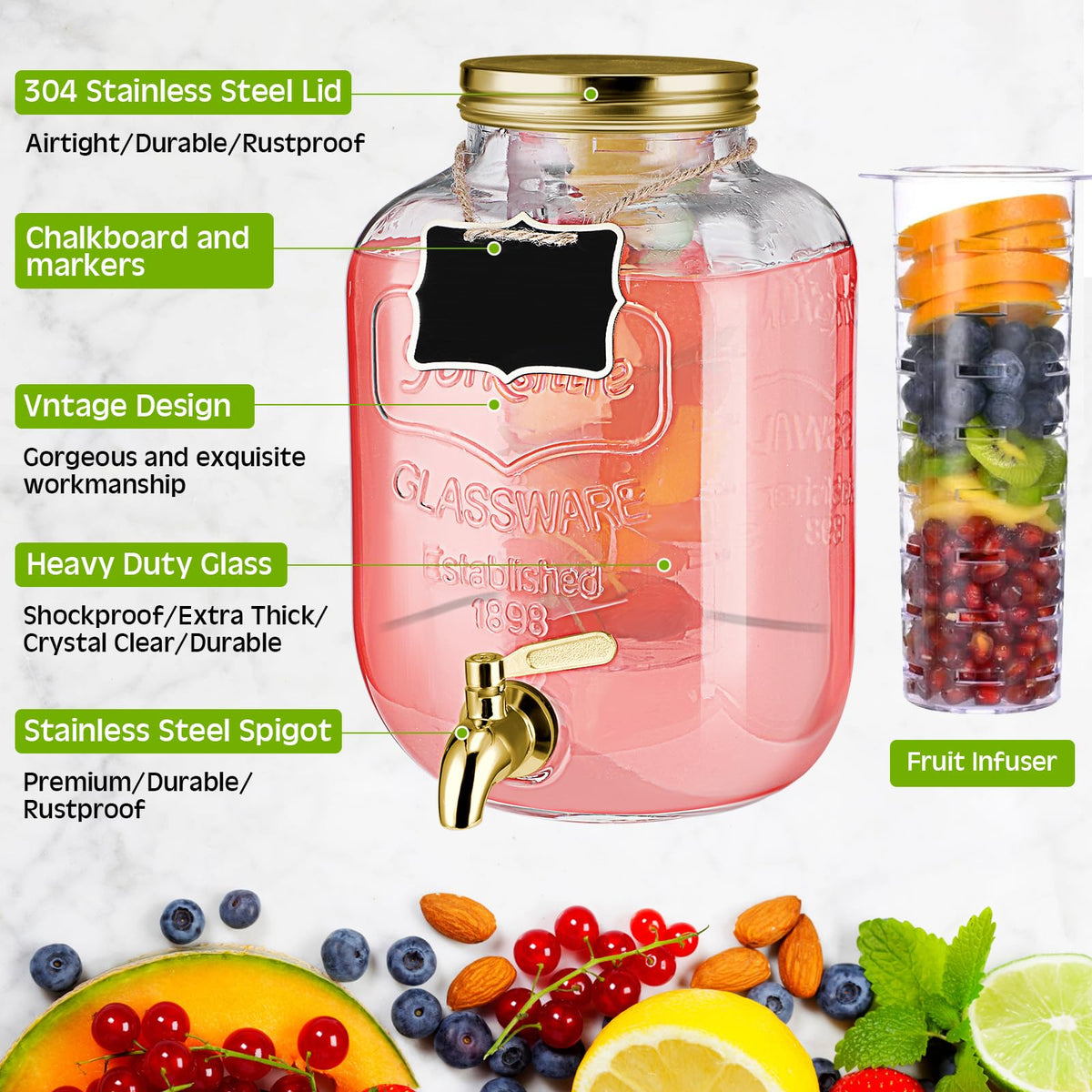 3 Pcs 2 Gallon Glass Drink Dispenser with Stand and Lid O45817