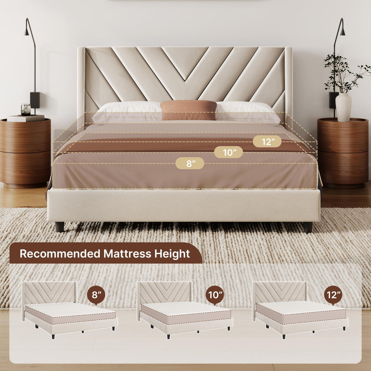 Queen Bed Frame with Tufted Headboard, Beige P229