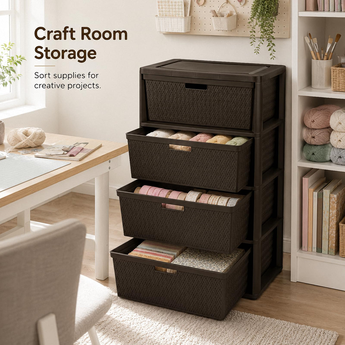 Brown 4 Drawer Plastic Storage Tower J417663