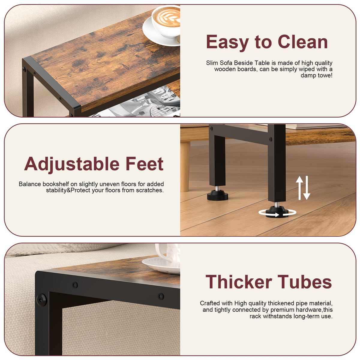 Narrow 3 Tier Slim Side Table Rustic Brown V757