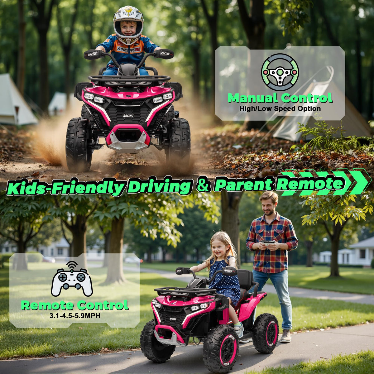 24V Kids ATV Four Wheeler with EVA Tires, 2 Seater, 800W Motors, Remote Control, Pink E113131