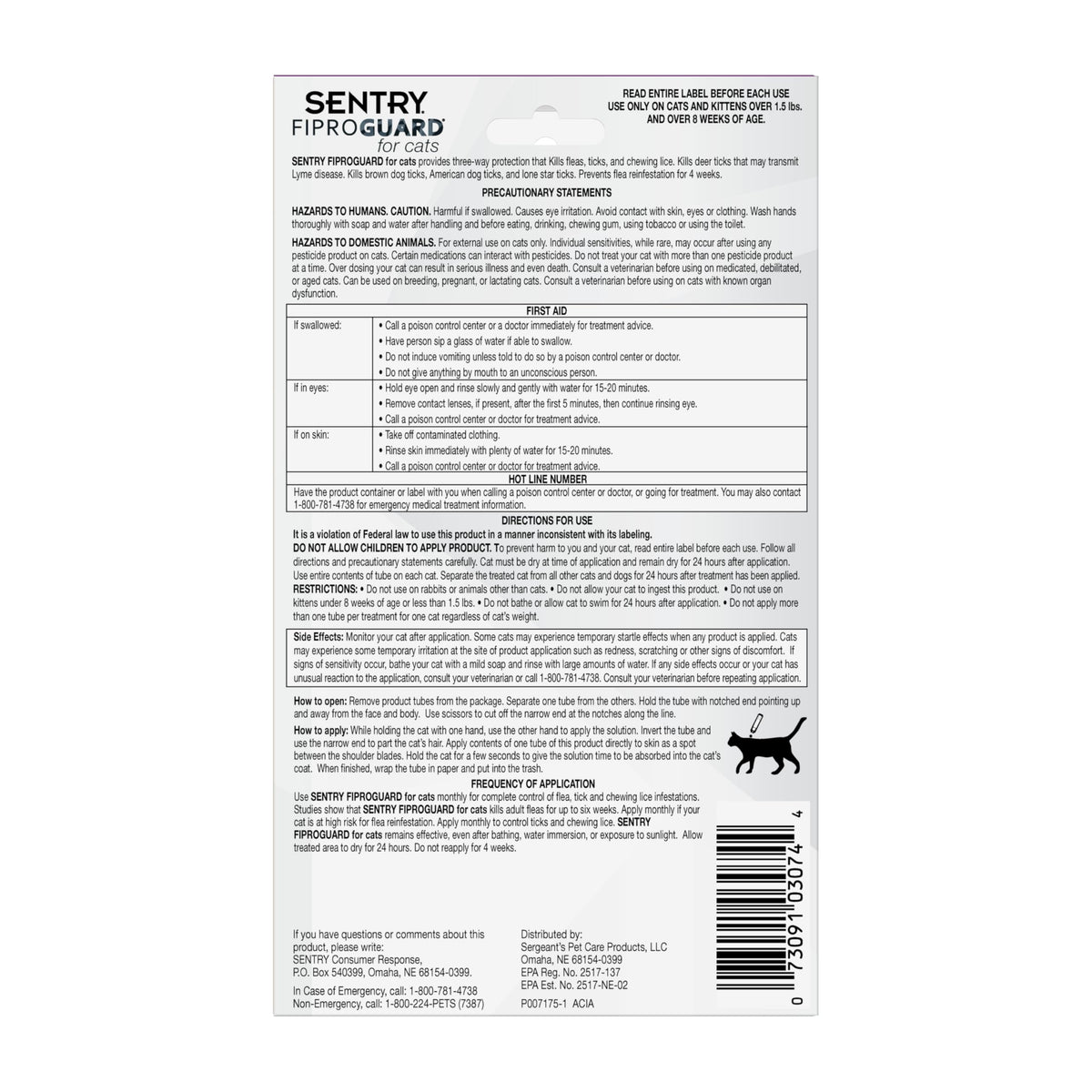 Flea & Tick Cats 1.5 lbs+ Fipronil 6-Month V225