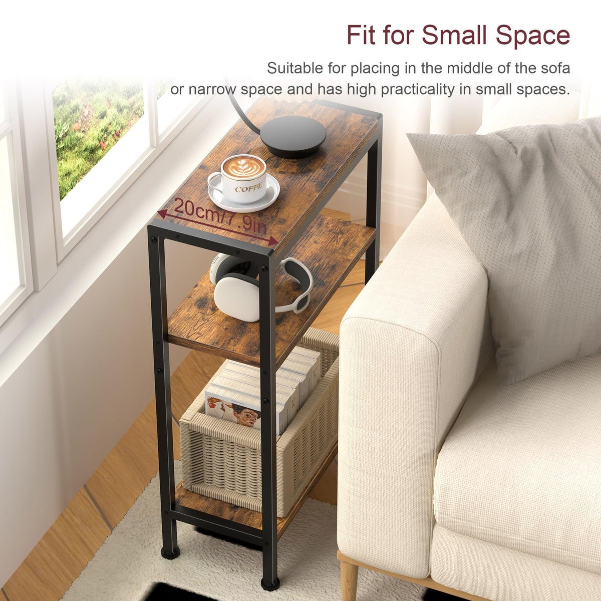 Narrow 3 Tier Slim Side Table Rustic Brown V757