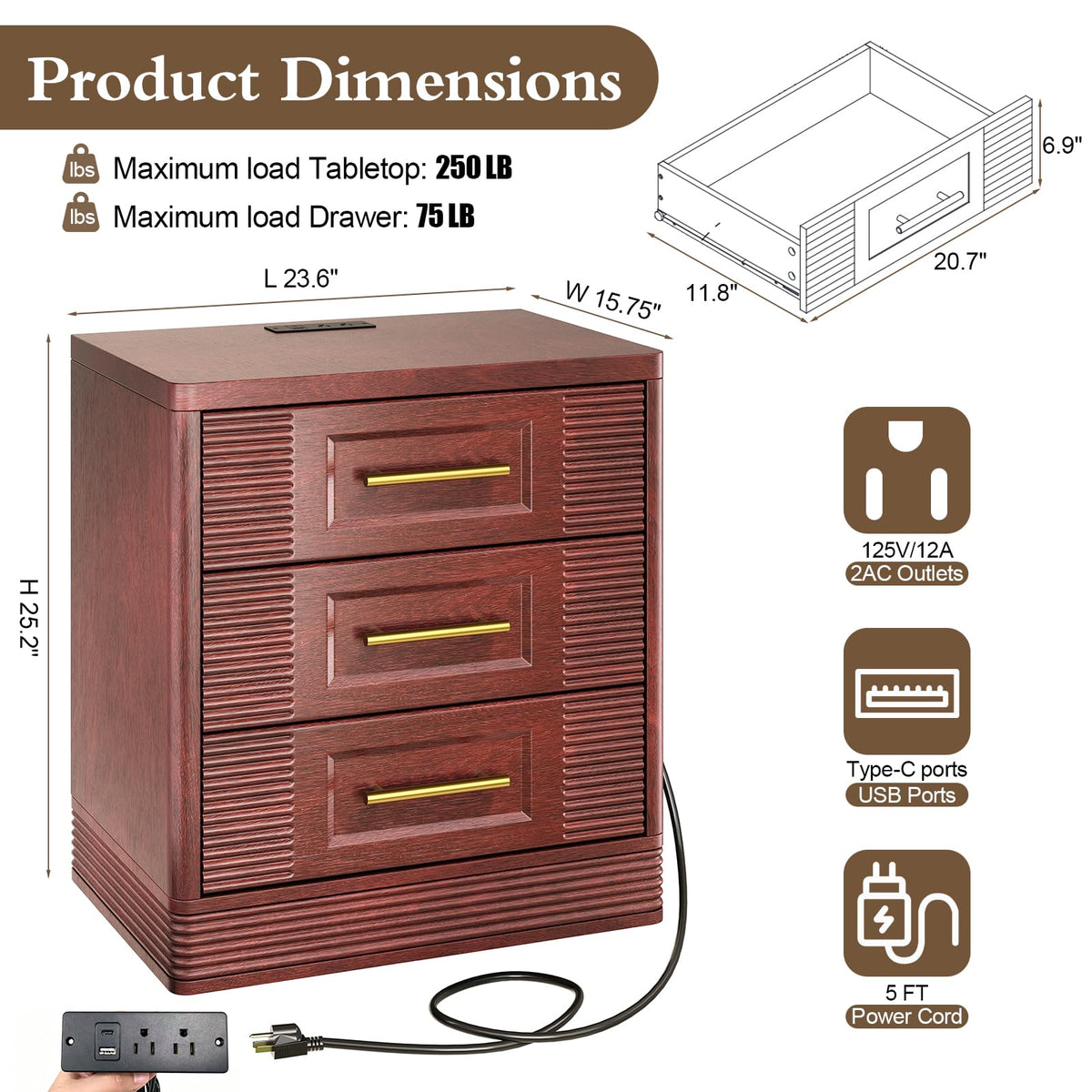 Walnut Nightstand with Charger Station R894