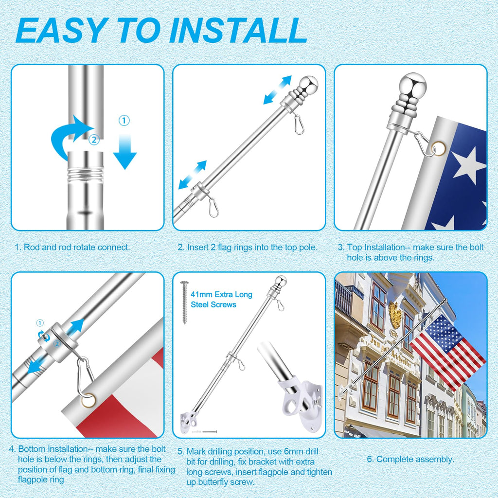 Silver 7 FT Metal Flagpole Kit and 304 Stainless Steel Flagpole Clips V883328