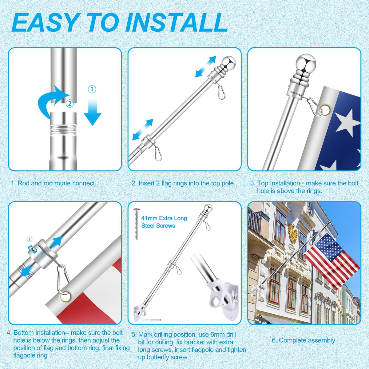 Silver 7 FT Metal Flagpole Kit and 304 Stainless Steel Flagpole Clips V883328