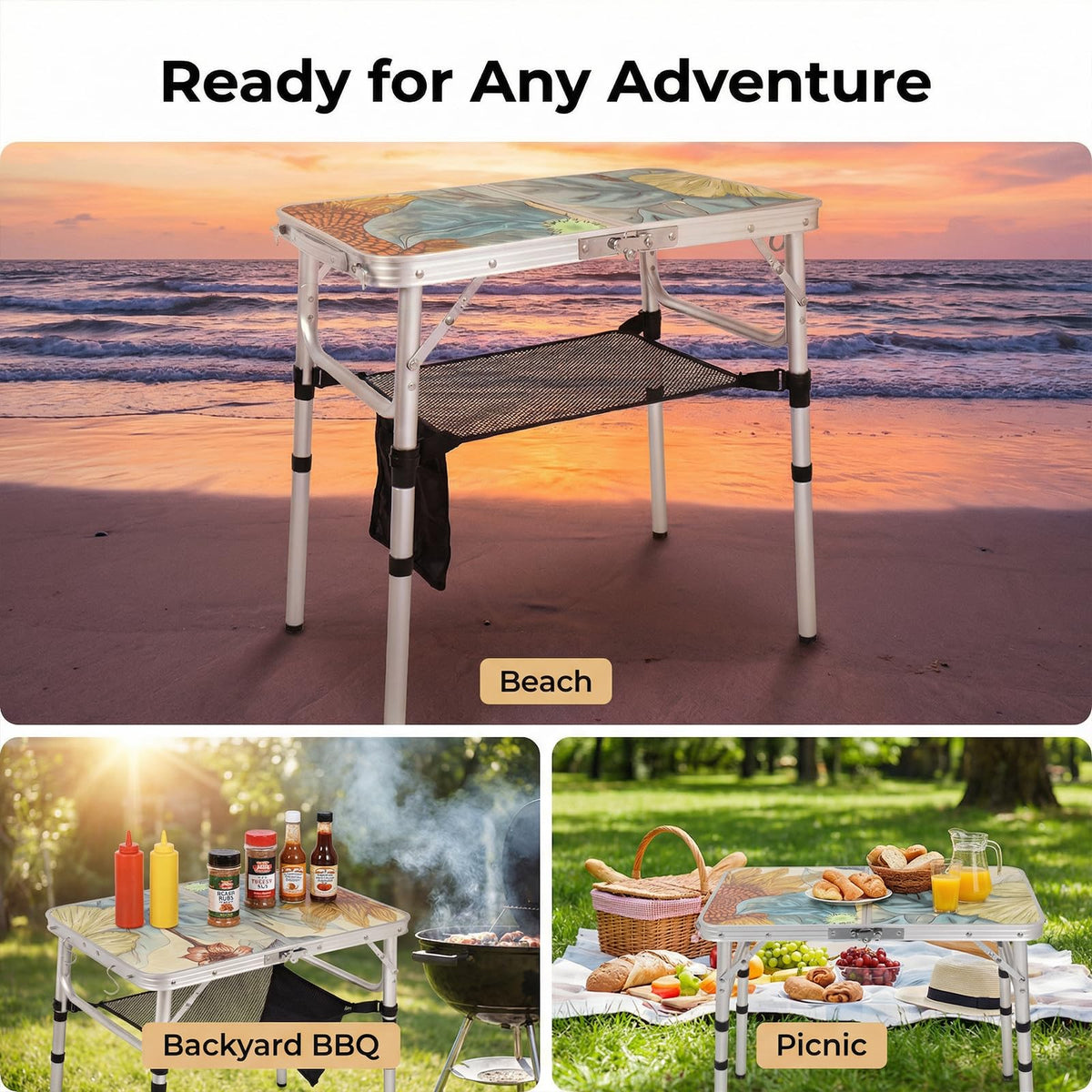 Small Folding Camping Table Aluminum 3 Adjustable Heights C131