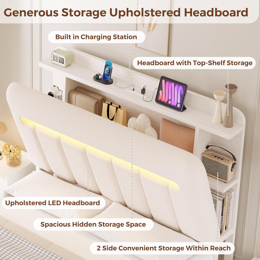 White Upholstered Storage Bed Frame Full Size with Drawers and Charging Station D3648