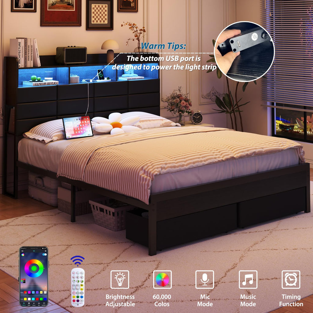 Black Upholstered Bed Frame with Storage Headboard, 4 Drawers, LED Lights, and Charging Station G4857