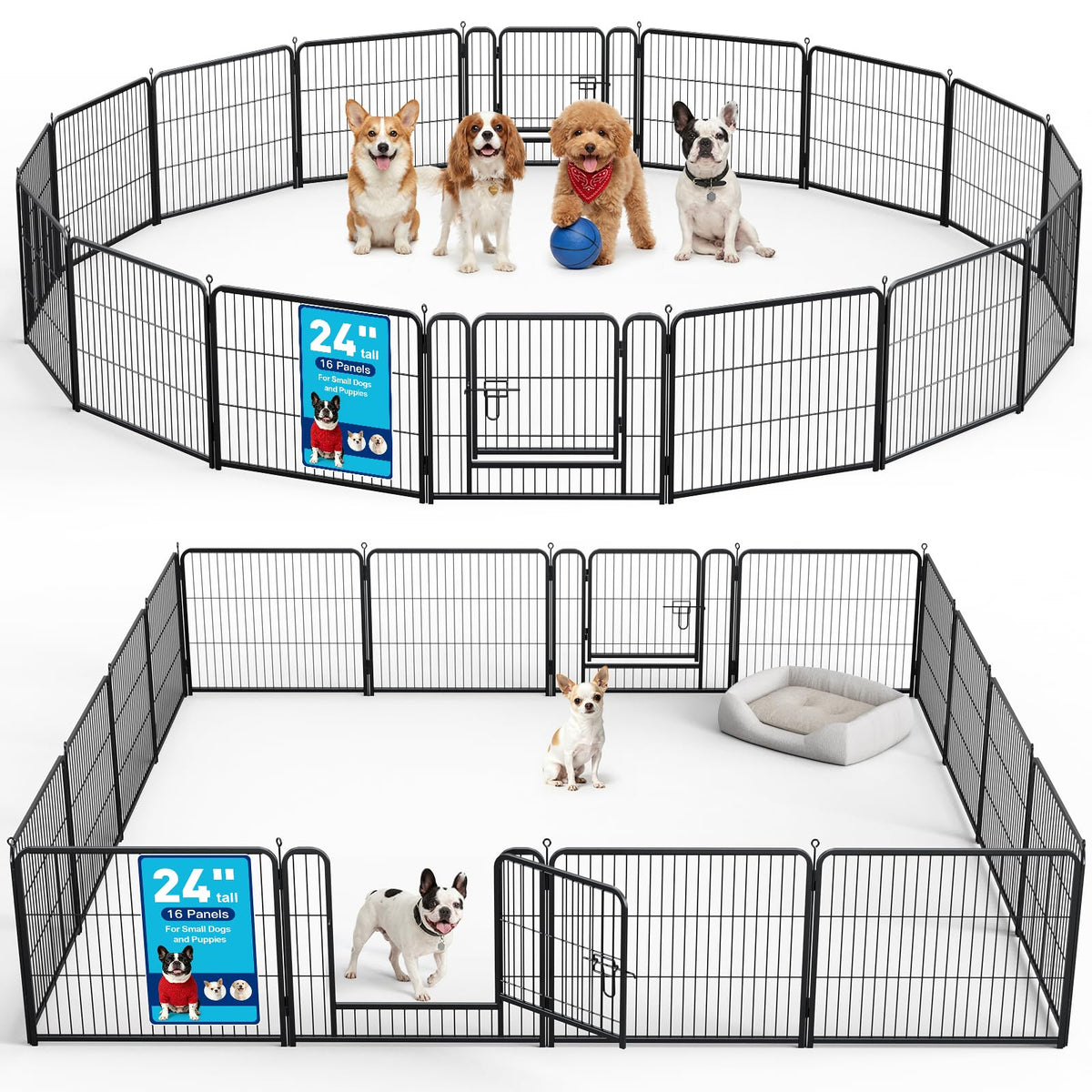 24" Height 16 Panels Foldable Metal Dog Playpen with Door R4651