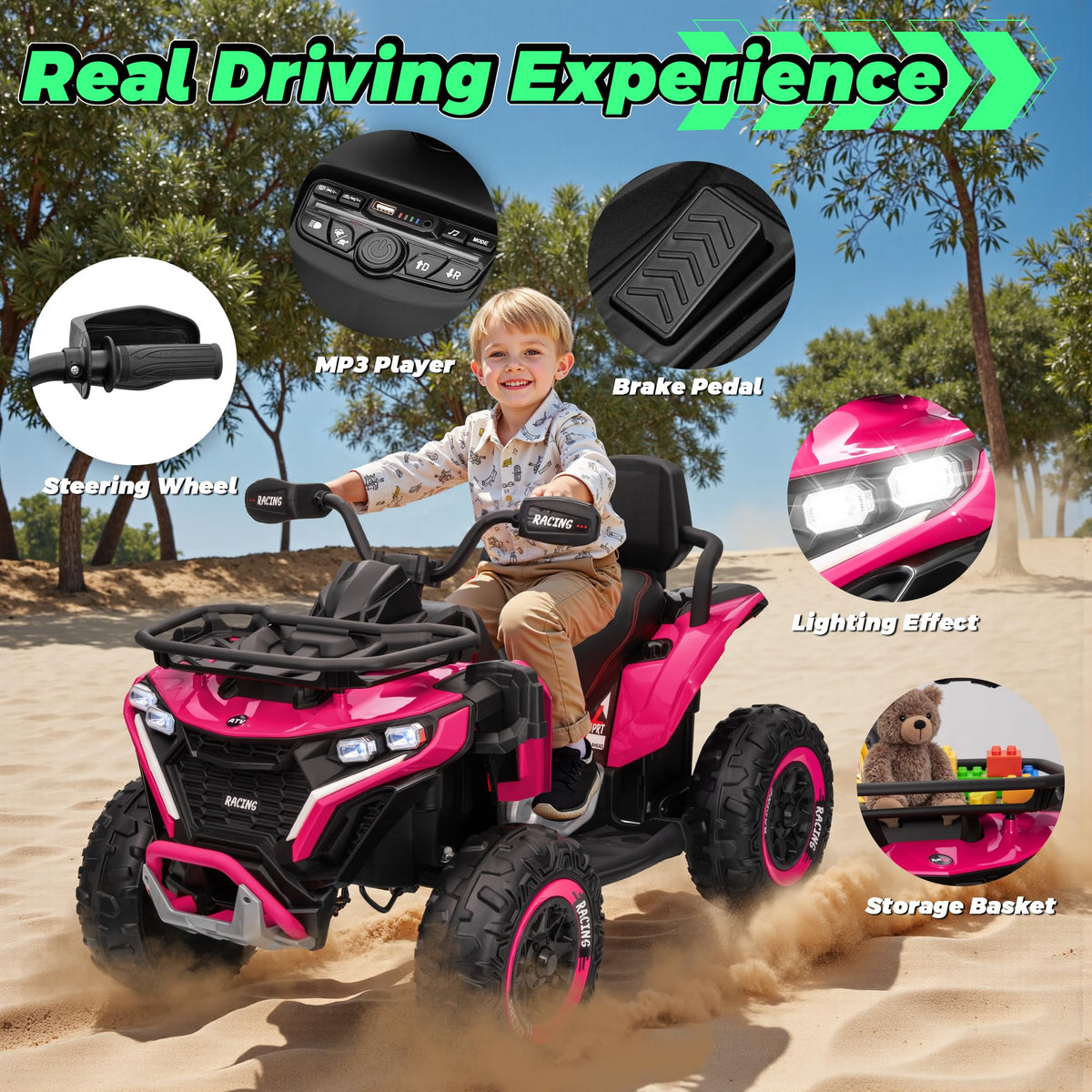 24V Kids ATV Four Wheeler with EVA Tires, 2 Seater, 800W Motors, Remote Control, Pink E113131