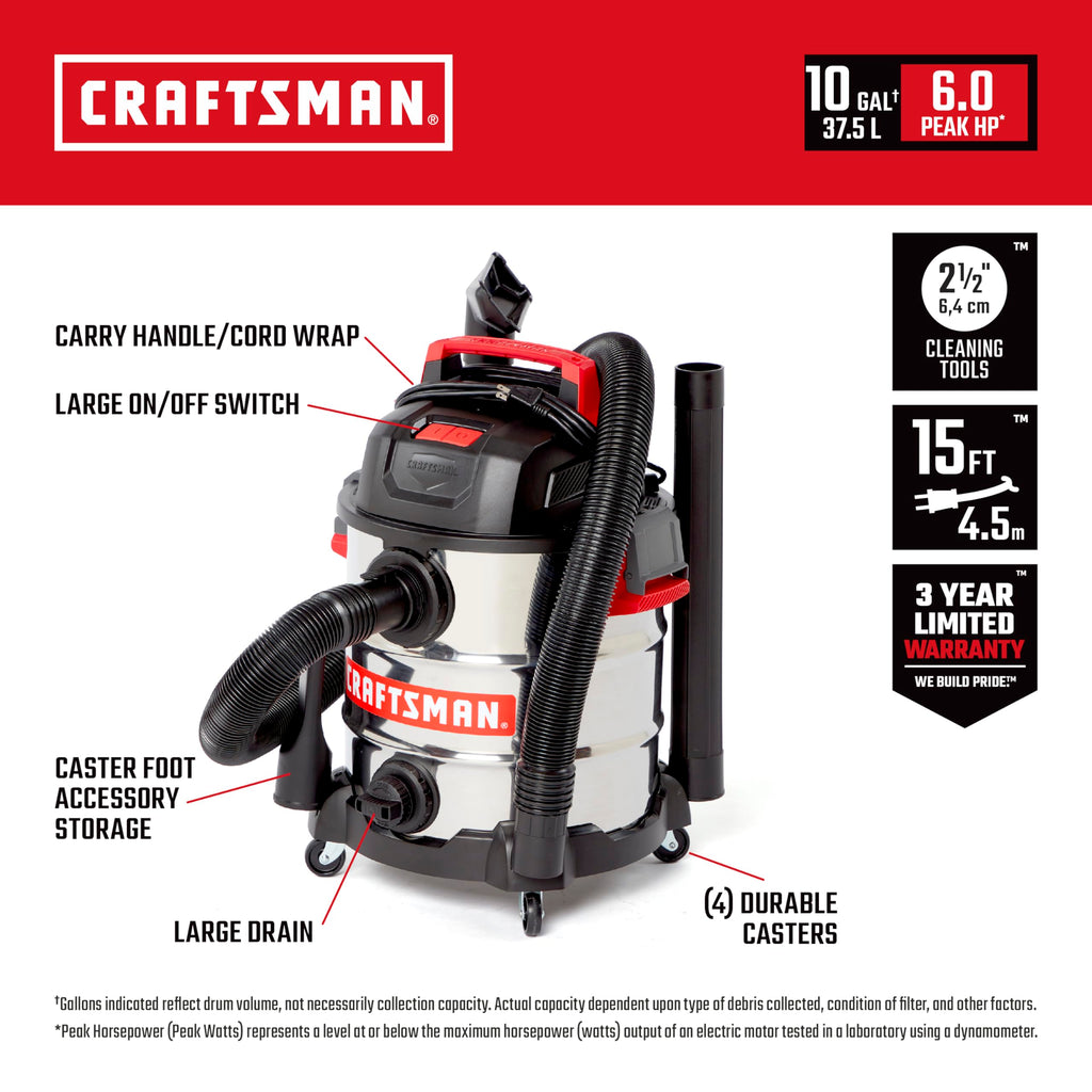 10 Gallon 6.0 Peak HP Stainless Steel Vacuum D748499