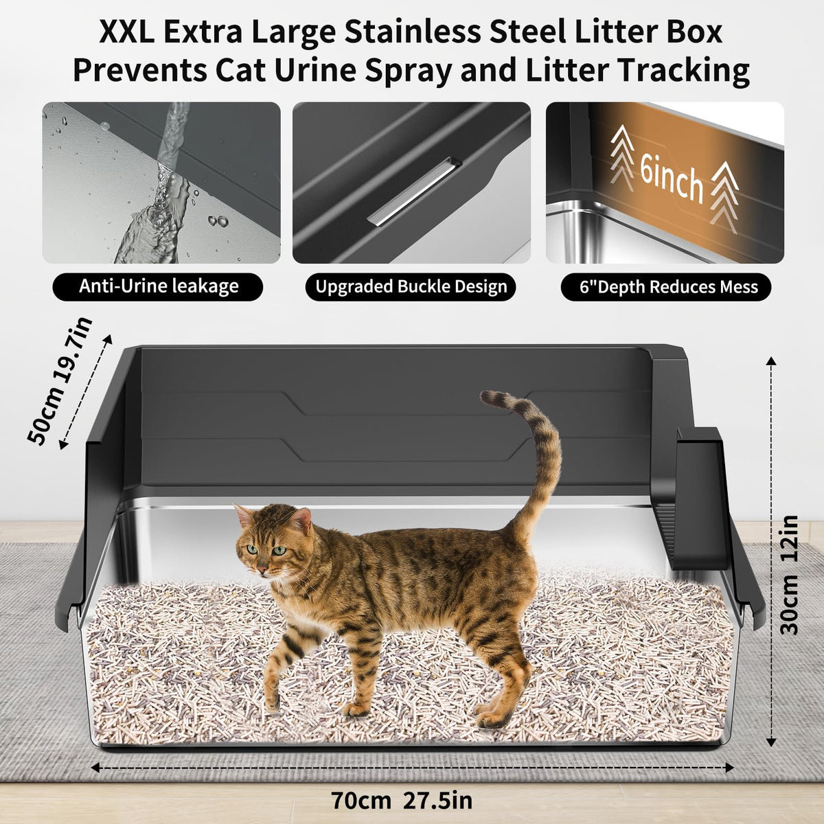 XXXL Stainless Steel Cat Litter Box with High Sides and Scoop Q54575