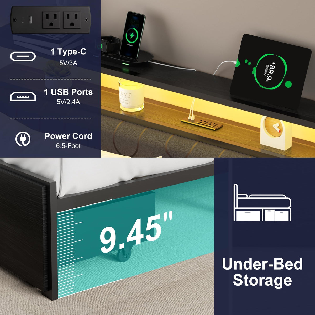 Full Bed Frame with 2 Drawers, LED Lights and Charging Station L20225