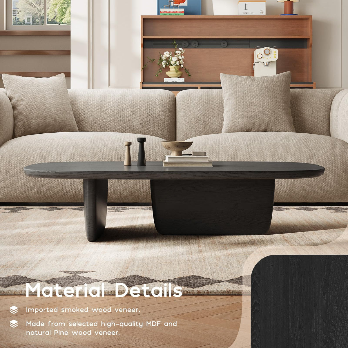 Black Wood Oval Coffee Table with Pedestal Base N484