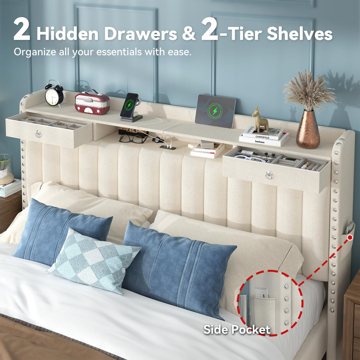 Queen Bed Frame with Storage Headboard & 4 Drawers W10285