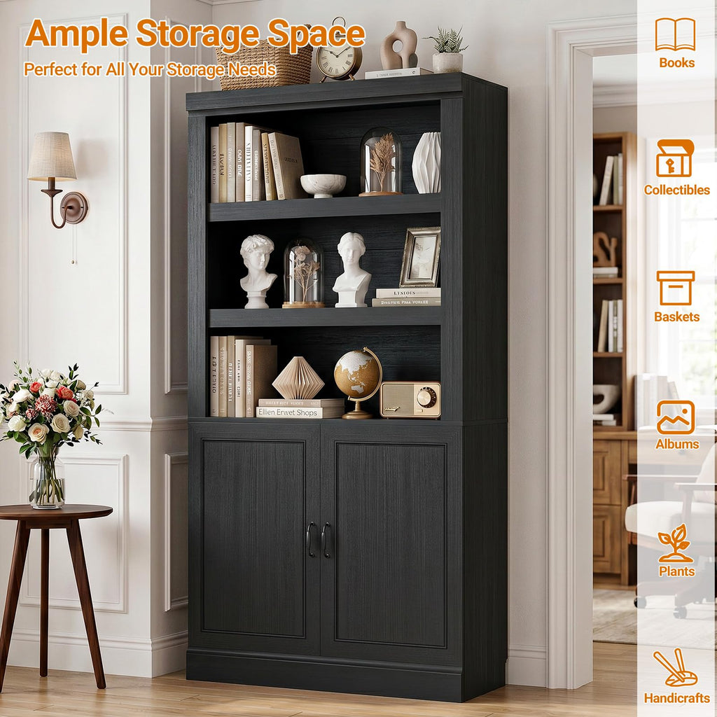 71" Tall Black Bookshelf with Doors and Adjustable Shelves H71513