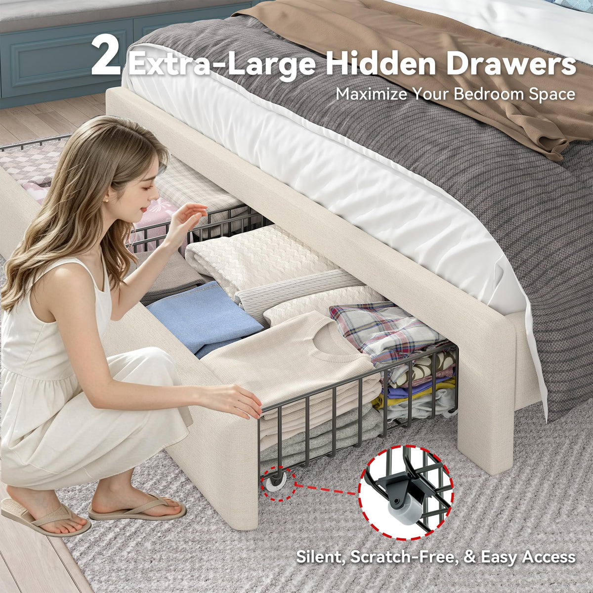 Queen Bed Frame with Storage Headboard & 4 Drawers W10285