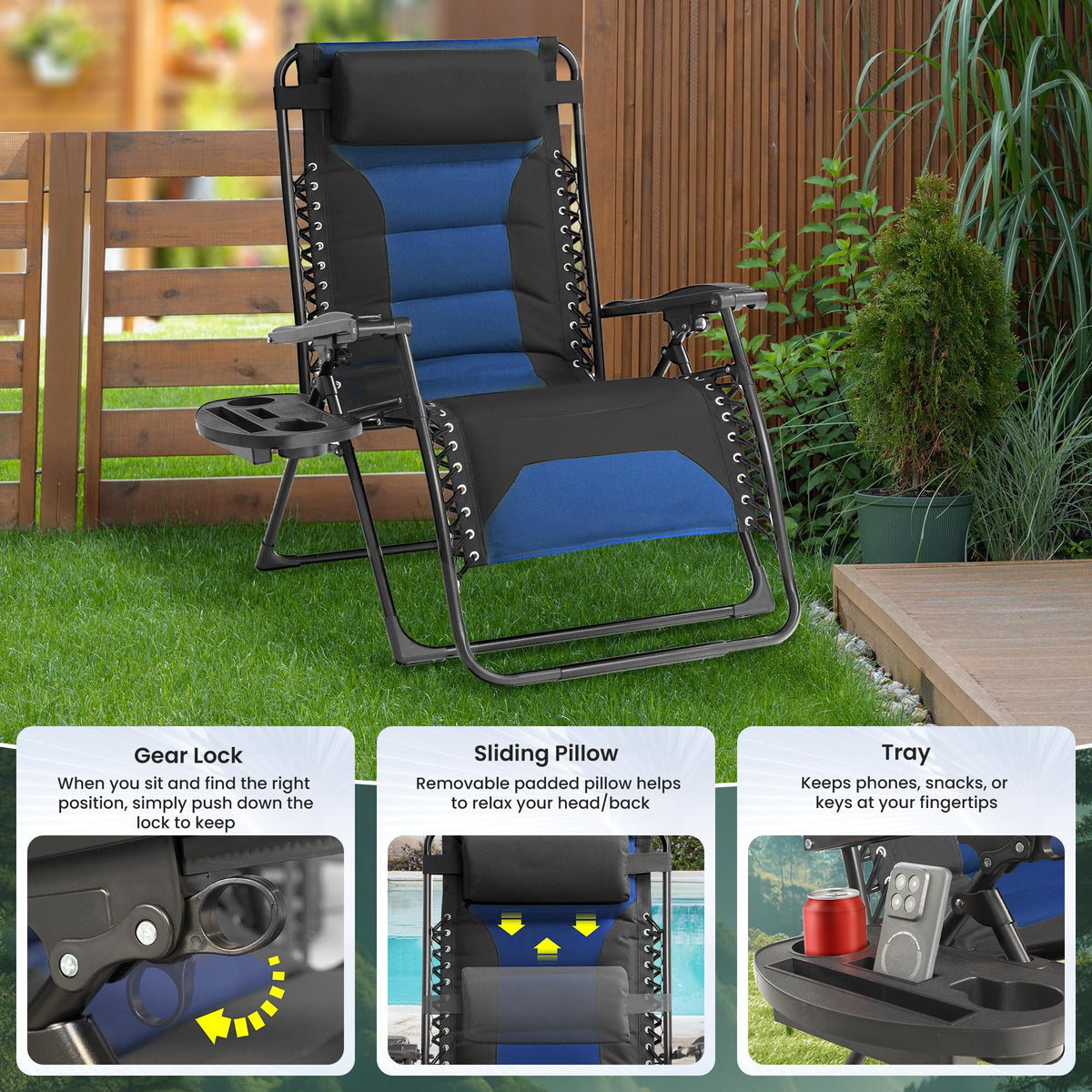 Oversized Zero Gravity Chair 2 Pack Folding Recliner with Pillow & Cup Holder P760