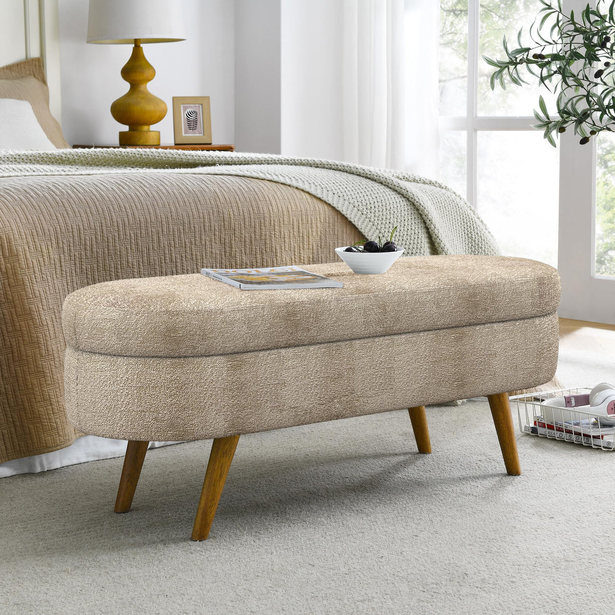 Oval Storage Bench with Rubber Wood Legs Y5493